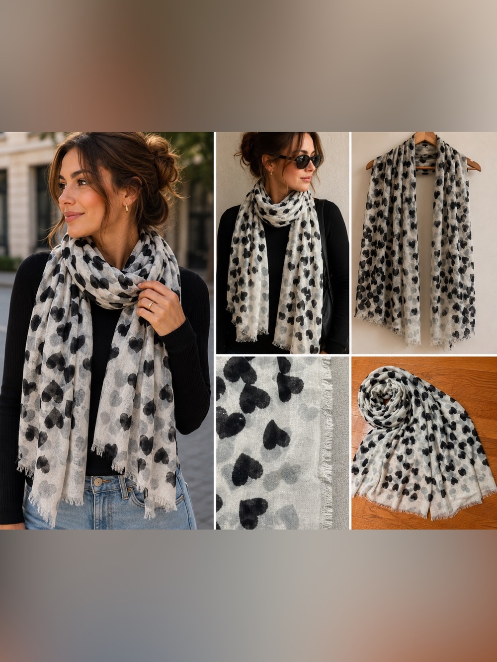 Yarnz Heart Print Scarf Wrap Shawl 70% Cashmere 30% Silk Black White 41x82
